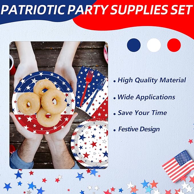 100 Pcs Patriotic Party Supplies Set, Serves 25 – Disposable Red White Blue Star Paper Plates, Napkins, and Forks, American Flag Themed Tableware for 4th of July, Memorial Day, Labor Day Decorations
