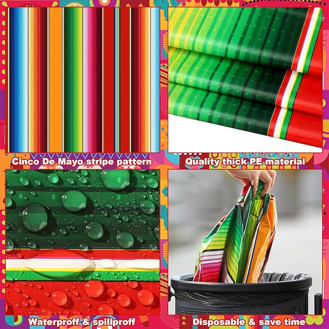 2 PCS Mexican Fiesta Plastic Tablecloth 108 x 54 Inch Mexican Striped Disposable Table Covers Waterproof Cinco De Mayo Rectangle Party Table Cloth for Fiesta Taco Mexico Themed Birthday Party Supplies