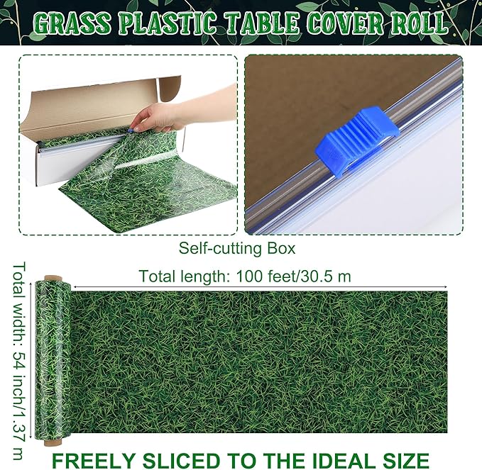 Kochorie 54 Inch x 100 Ft Grass Plastic Table Cloth Roll Disposable Waterproof Football Field Table Cover Plastic Table Cover Roll with Easy Slide Cutter for Jungle Party/Sport/Outdoor Picnic