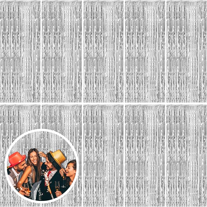 10 Pack Silver Backdrop Curtain Party Decorations Foil Fringe Backdrop Silver Tinsel Streamers Birthday Bachelorette New Year Christmas Wedding Baby Shower Disco Party Decorations