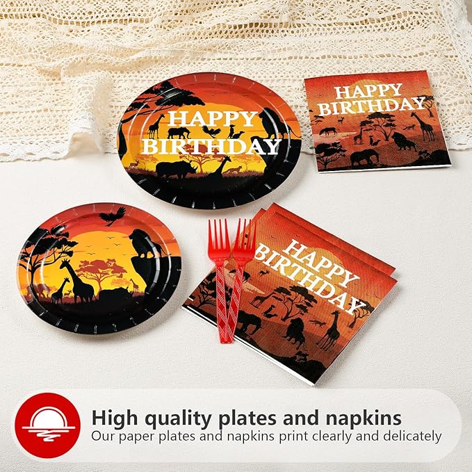 96Pcs African Safari Birthday Party Decorations Savanna Sunset View Plates and Napkins African Forest Jungle animals Scenic Tableware Set for Safari Theme Birthday Party Favors，Serves 24