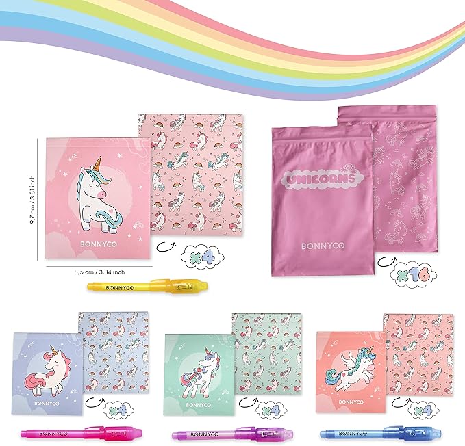 BONNYCO Invisible Ink Pen and Notebook Pack 16, Unicorn Party Favors for Kids. Magic Spy Pen Goodie Bags Stuffers for Kids, Unicorn Birthday Party Supplies. Goody Bag Stuffers, Return Gifts Prizes