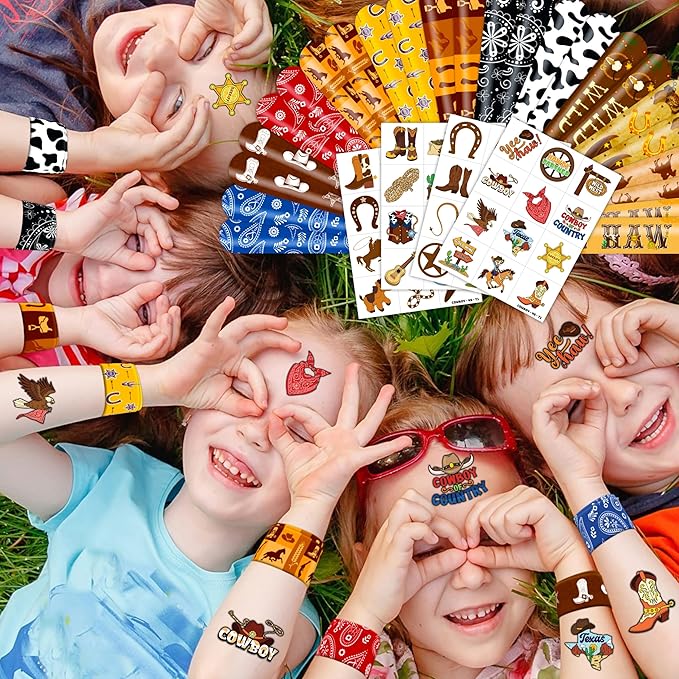 72PCS Cowboy Party Favors for Kids - 24 Slap Bracelets & 48 Pre-Cut Temporary Tattoos, Western Rodeo Birthday Party Supplies, Goodie Bag Fillers, Decorations for Boys & Girls