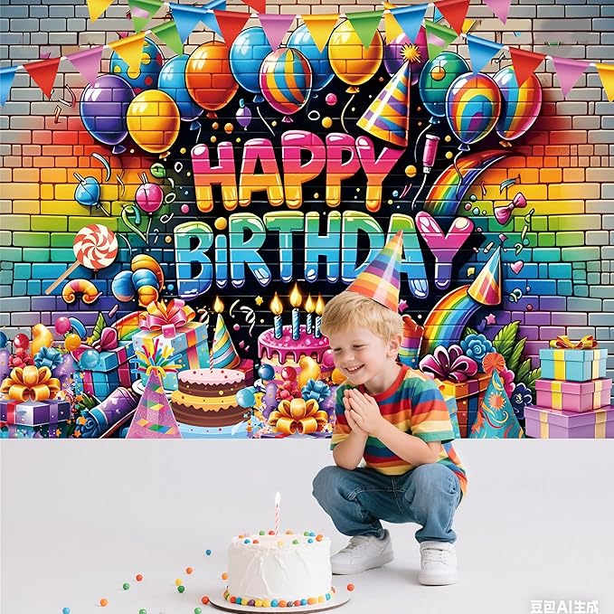 Graffiti Brick Wall Happy Birthday Backdrop Decorations Colorful Balloons Cake Gift Boxs Banner Photo Background for Home Indoor Outdoor Birthday Party Decorations Supplies for Kids 70.8 x 47.2 Inch