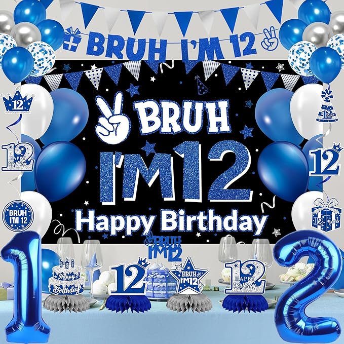 DARUNAXY 12th Birthday Party Decorations for Boys Girls, Blue Bruh I’m 12 Banner, 12 Number Balloons & Cake Topper, Sweet 12 Years Old Birthday Honeycomb Hanging Swirls Party Supplies