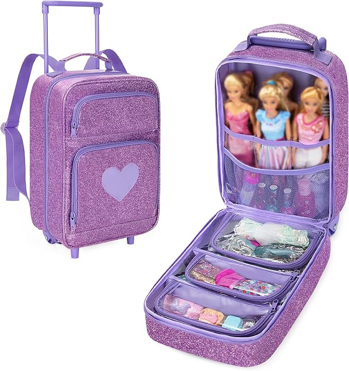 LoDrid Travel Backpack Compatible with Barbie Dolls 12-inch, Doll Carrying Case with Wheels, Suitcase Storage Organizer with Multiple Pockets for Doll Clothes and Accessories, Purple, Bag Only