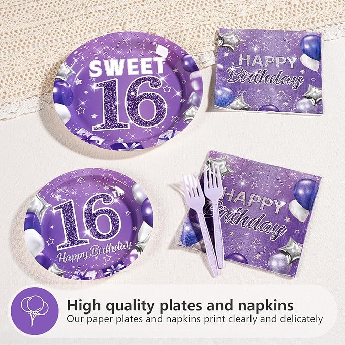Grencian 96Pcs 16th Birthday Party Supplies Purple Sweet 16 Birthday Plates and Napkins Tableware Sets Sixteenth Birthday Party Decorations for Girls Happy 16th Birthday Party Favors Serves24