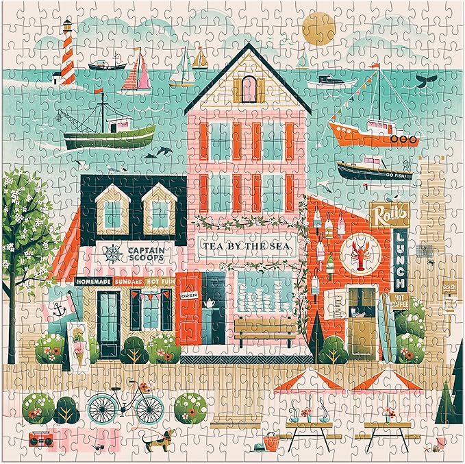 Galison Beside The Sea – 500 Piece Puzzle Fun and Challenging Activity with Bright and Bold Artwork of Charming Village and Sea Scenery for Adults and Families