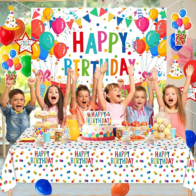 Happy Birthday Decorations For Women Men,Birthday Backdrop,Banner Balloons,Table Cloth,Paper pom poms Party Supplies for Girls Boys (Colorful)