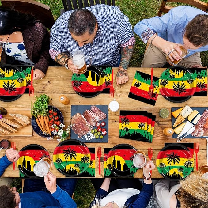 gisgfim 96Pcs Jamaican Rastafari Party Supplies Jamaican Music Birthday Party Plates and Napkin Palm Tree Grafitti Tableware Dinnerware Set Decorations Favors for Hawaiian Serves 24