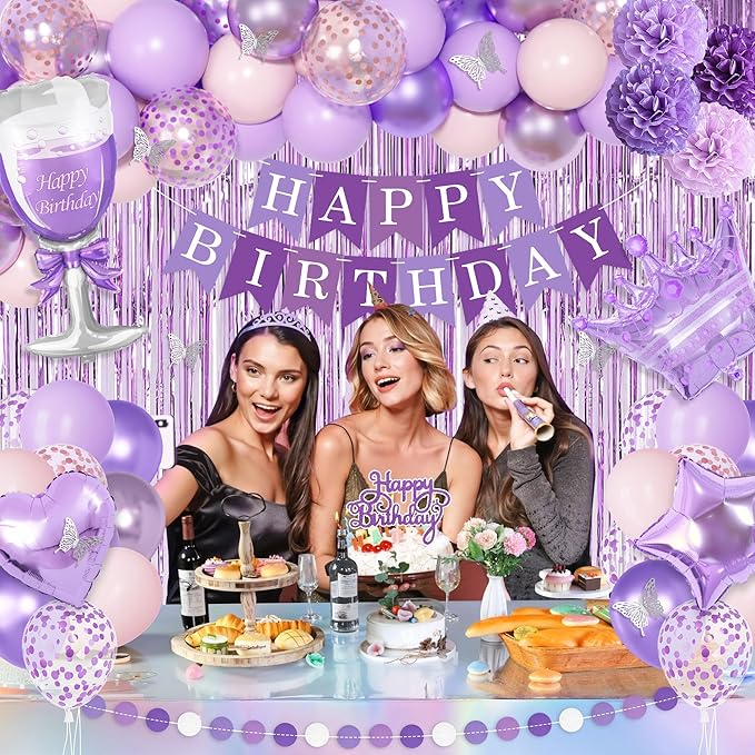 Ouddy Life Purple Birthday Party Decorations for Women Girls, Lavender Purple Pink Foil Confetti Balloons, Fringe Curtain, Cake Topper, Pompoms, Happy Birthday Banner Wedding Princess Party Supplies