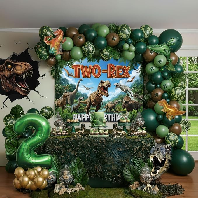 TWO-Rex Dinosaur Birthday Decorations include Hunter Green Brown Gold balloon arch & small Dino Foil balloons & backdrop & footprint stickers for Kids Boys Jungle Safari Dino 2rd Party Supplies