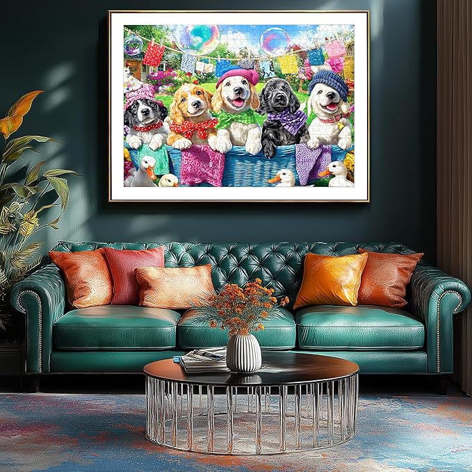 Laundry Day Dogs 500 Piece Jigsaw Puzzle for Adults Colorful Garden Scene with Puppies Animal Puzzle with Letters on Back Fun & Relaxing Gift for Seniors, Family, Adults (23”x15”)