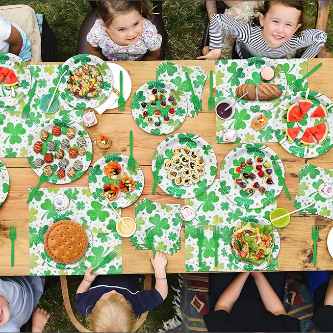 96 Pieces St. Patrick's Day Shamrock Tableware Party Supplies - Disposable Lucky Clover Design Dinnerware Set with Paper Plates, Napkins, and Forks for Irish Theme Party Celebrations - Serves 24