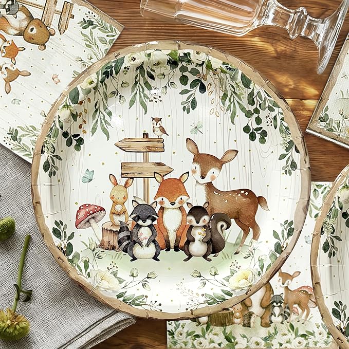 40 Pcs Woodland Plates and Napkins Tableware Sets for Woodland Baby Shower Party Supplies, Safari Jungle Animal Party Decorations Which Can Serve 20