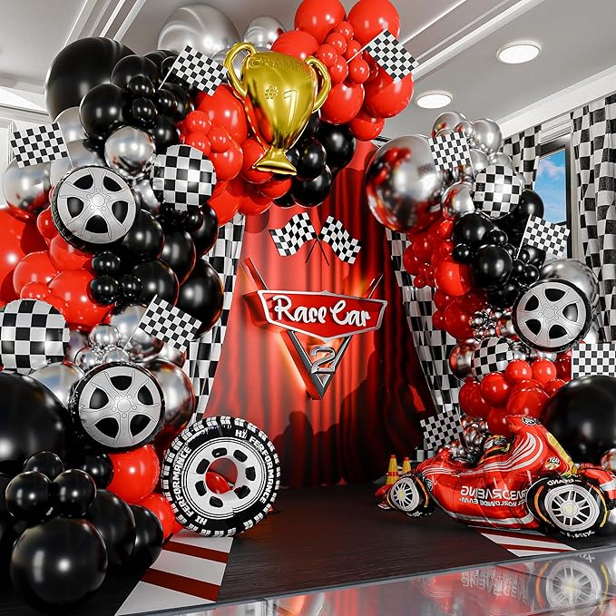 ALL-IN-1 Race Car Balloon Arch Kit with BONUS Trophy & Number 2 - Cars Balloon Garland Kit for Lightning McQueen Cars 2 Birthday Party Supplies & Hot Wheels Balloons RaceCars Decorations