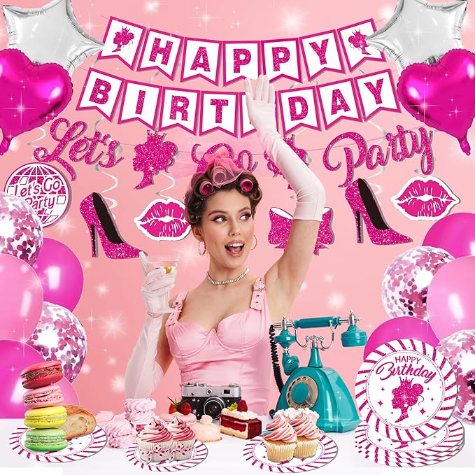 Hot Pink Birthday Party Decorations for Women Girls,Happy Birthday Banner,Hanging Swirl,Foil balloons,Party Supplies Decor for 10th 13th 16th 18th 21st