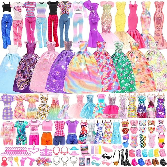BARWA 116 Pack Doll Clothes and Accessories 5 Wedding Gown Dresses 9 Fashion Dresses Slip Dress 3 Tops 3 Pants 2 Swimsuits Bikini 16 Shoes 15 Hangers and 63 Accessories for 11.5 inch Doll