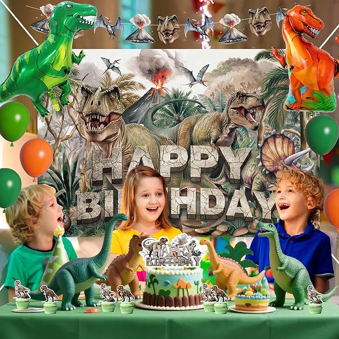 Happy Birthday Decorations For Women Men,Birthday Backdrop,Banner Balloons,Table Cloth,Paper pom poms Party Supplies for Girls Boys (Dinosaur)