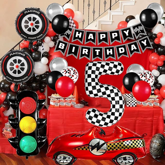 Race Car Birthday Party Decorations, with 40 Inch Number 5 Balloon, Happy Birthday Banner, Traffic Light and Foil Tire Balloon for 5th Car Themed Birthday Party Supplies
