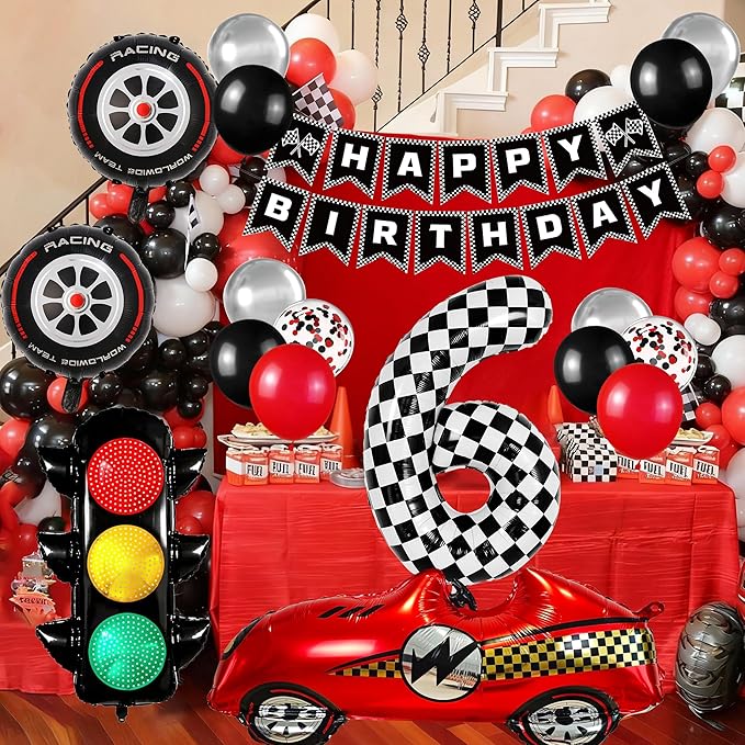 Race Car Birthday Party Decorations, with 40 Inch Number 6 Balloon, Happy Birthday Banner, Traffic Light and Foil Tire Balloon for 6th Car Themed Birthday Party Supplies