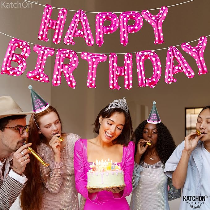 KatchOn, Pink Happy Birthday Banner Balloons - 16 Inch | Foil Polka Dot Happy Birthday Balloon Banner For Birthday Decorations | Pink Party Decoration