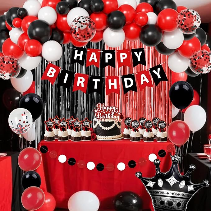 Red And Black Birthday Decorations for Women,Fringe Curtains Happy Birthday Banner,Red balloons,Cake Toppers for girls