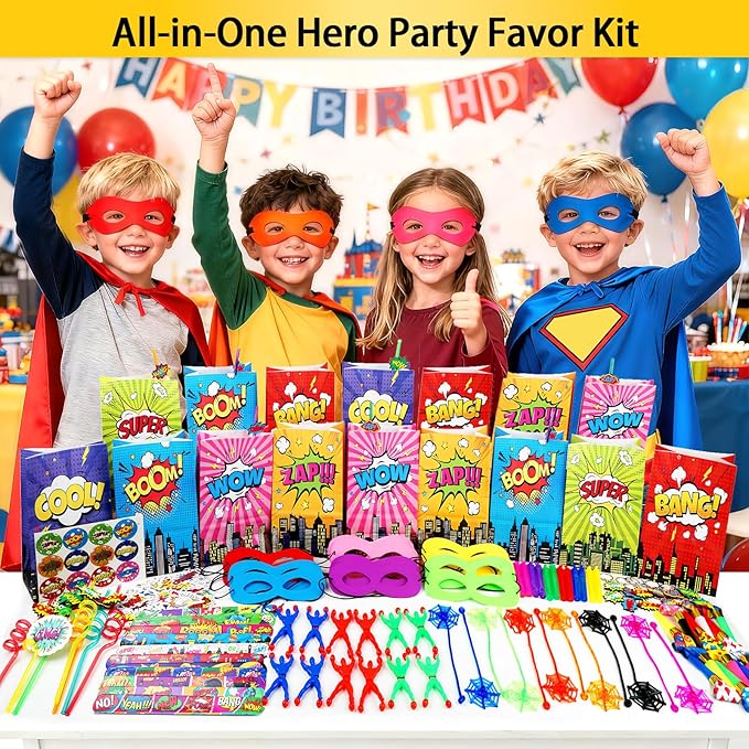 208Pcs Hero Party Favors - for 12 Guests, Hero Birthday Party Supplies, with Mask Straw Slap Bracelets Keychain Party Blowers Stickers Sticky Hands for Goodie Bag Stuffer, Pinata Filler