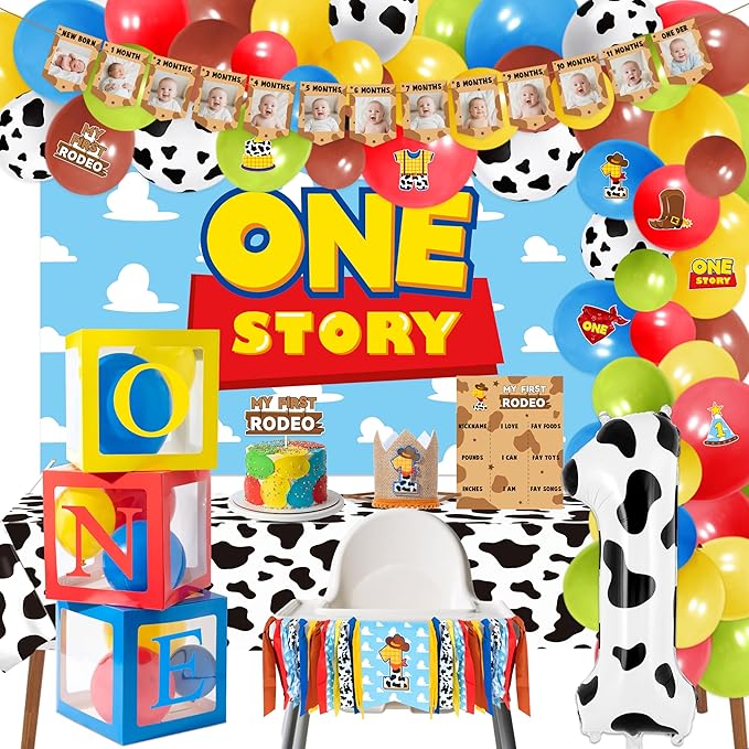 One Story Birthday Decorations for Boys - My First Rodeo Theme Party Favor for Baby Shower Decoration Include Birthday Hat Cake Topper Backdrop Tablecloth Photo Banner Arch Balloon Boxes Poster