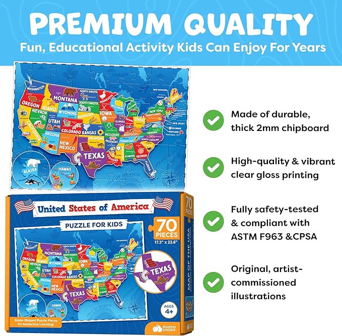 United States Puzzles for Kids Ages 4-6 - Educational Toys for Boys, Girls - 70pc USA Map Kids Puzzle - 50 States & Capitals - Floor Jigsaw Puzzles, Learning Activities, Easter Gifts for Kids