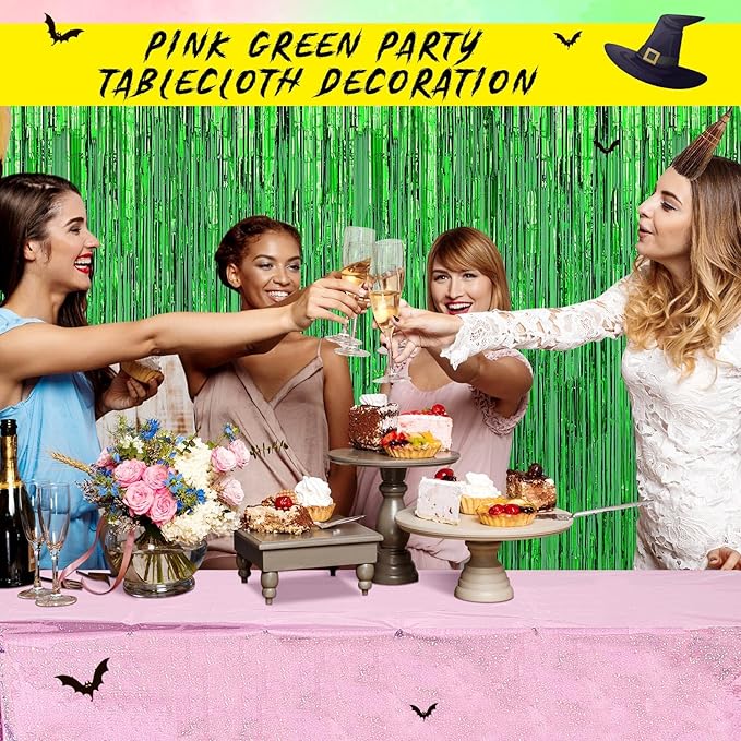 4 Pcs Witch Holographic Tablecloth for Birthday Party Pink and Green 54" x 108"Witch and Princess Theme Movie Decoration Shimmer Iridescent Metallic Plastic Glitter Laser Rectangular Table Cover