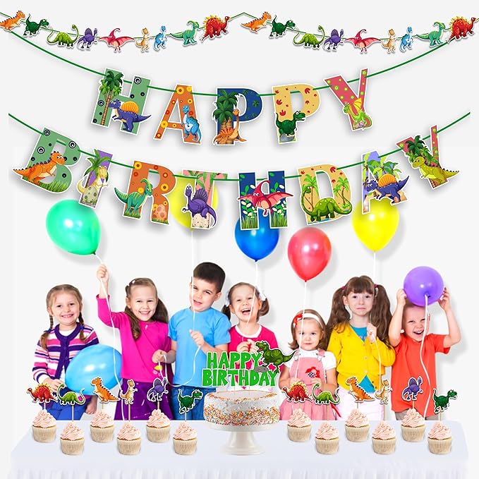 Dinosar Theme Birthday Party Supplies - Decoration Set for Home Celebration, Dinosaur Party Décor Kit with Banner, Cake Topper, Cupcake Toppers and Table Decorations for Event Setup
