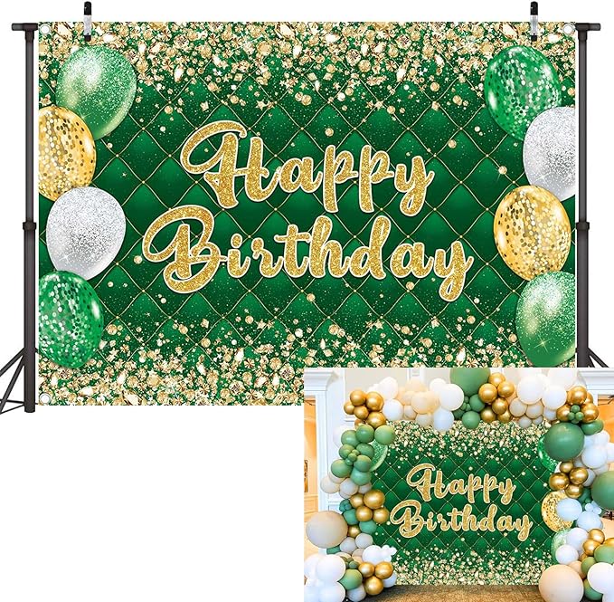 Green Gold Birthday Banner Backdrop Gold and Green Glitter Happy Birthday Photography Background Men Women Kids Party Decoration Photo Supplies (Green, 82x59inch (7x5FT))