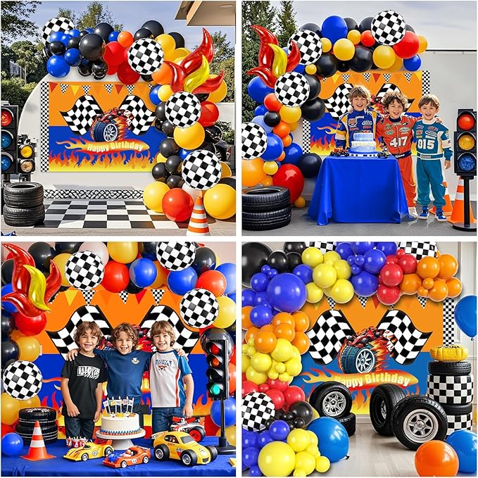 131 Wheels Race Car Birthday Party Decorations Supplies, Racing Red Blue Yellow Black Balloons Garland Arch Kit Backdrop Tablecloth Checkered Foil Balloons, Boy Kid Girl Cars Party Decor