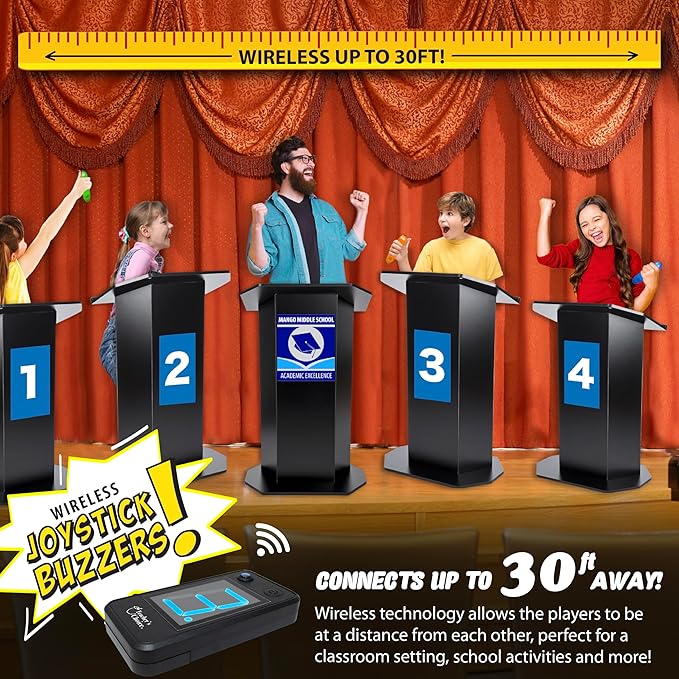 Teacher's Choice 4 Player Wireless Handheld Game Buzzer System - Displays First Buzz-in - Great for Jeopardy, Family Feud, Trivia and Buzzer Games - Console with 4 Joystick Buzzers, 4 Unique Sounds