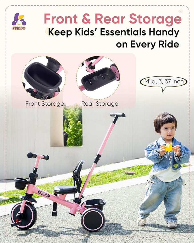 KRIDDO 2-in-1 Tricycle for Toddlers 1.5-5 Years, Push Tricycle with Parent Steering Detachable Handle, 9-Stage Adjustable Handlebar, Toddler Trike with Safety Belt, Clutch Pedals & Dual Basket, Pink