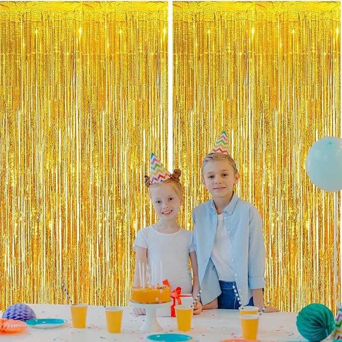 2 Pack Gold Foil Fringe Curtains, 3.3x6.6 Ft Metallic Tinsel Backdrop Party Decorations Door Gold Streamers for Birthday Wedding Engagement Decor,Photo Booth Props, Party Supplies