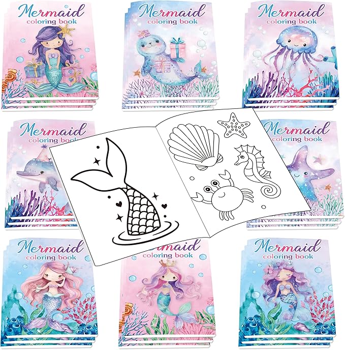 Lyosehy 24PCS Mermaid Mini Coloring Books Purple Mermaid Theme Party Favors Ocean Mermaid Coloring Books Bulk for Kids Mermaid Theme Birthday Party Drawing Book Craft Supplies
