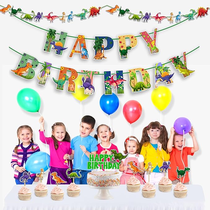 Dinosar Theme Birthday Party Supplies - Decoration Set for Home Celebration, Dinosaur Party Décor Kit with Banner, Cake Topper, Cupcake Toppers and Table Decorations for Event Setup