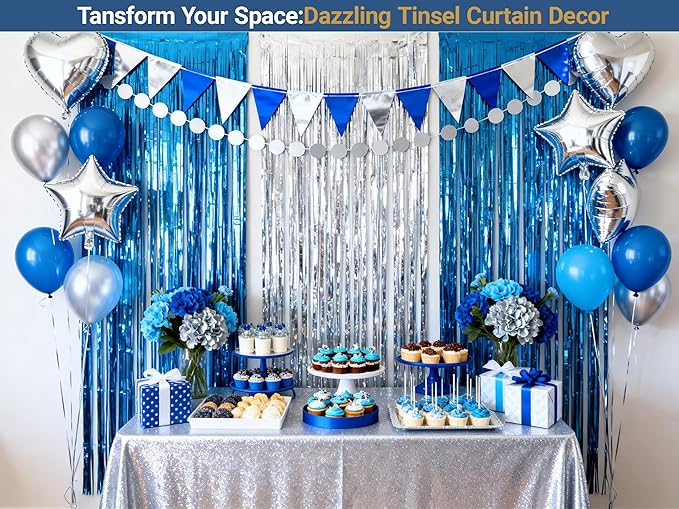 3packs Blue and Silver Foil Fringe Curtains, Blue Birthday Party Decorations Backdrop for Women, Graduation Decorations Tinsel,Retirement Tinsels for Man Him,Wedding Streamers-Each 3.3 x 6.5ft