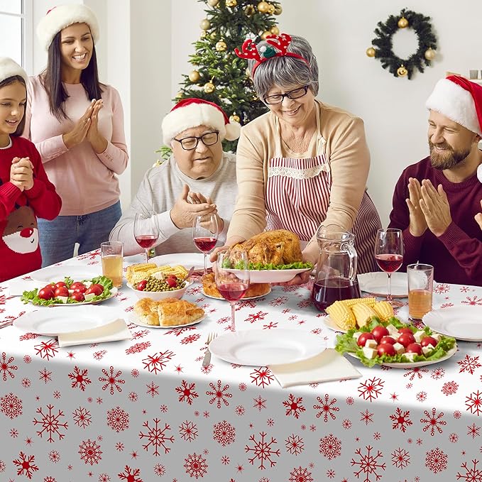Kochorie 100 Ft x 54 Inch Red Snowflake Tablecloth Roll with Cutter Box Christmas Themed Snowflake Printed Cut to Size Table Cover Disposable Winter Backdrop for Frozen Birthday Party Supplies