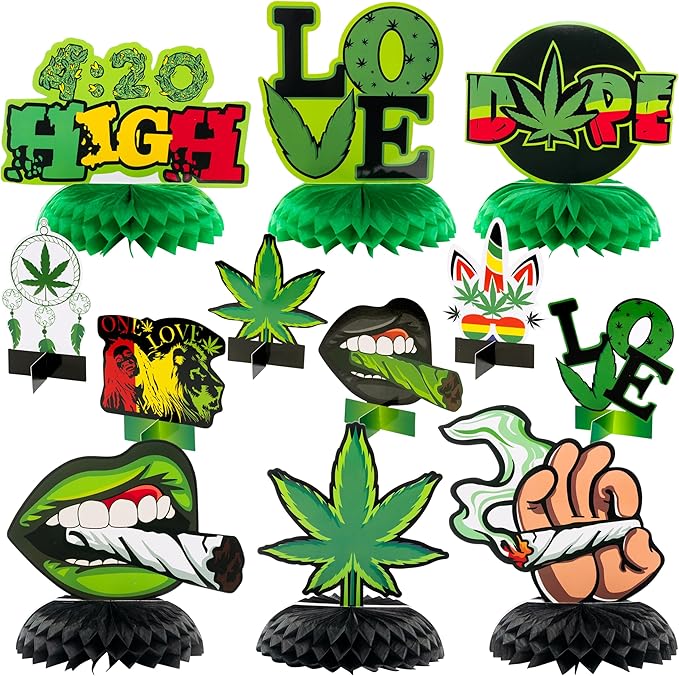 OSNIE 12Pcs Weed Themed Honeycomb Centerpieces Table Toppers Smoking Marijuana Green Pot Leaves Cannabis Stoner 420 Have a Dope Birthday Party Decorations Supplies Photo Booth Props for Adults