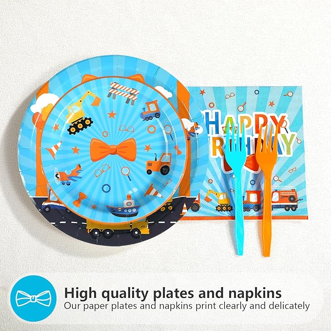 96 Pcs Blue Orange Cartoon Party Supplies Cartoon English Teacher Paper Plates Blue Orange Birthday Party Platter Tableware for Boy Girl Kids Teacher Back to School Themed Parties Decor Serves 24