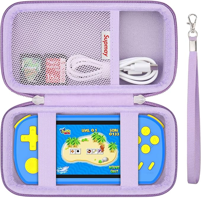 Supmay Carrying Case Compatible with CCTU / TEBIYOU Kids Handheld Games Preloaded 218 Retro Video Games, Portable Gaming Electronic Toys Storage Holder Travel Bag with Mesh Pocket for USB Cable,Purple