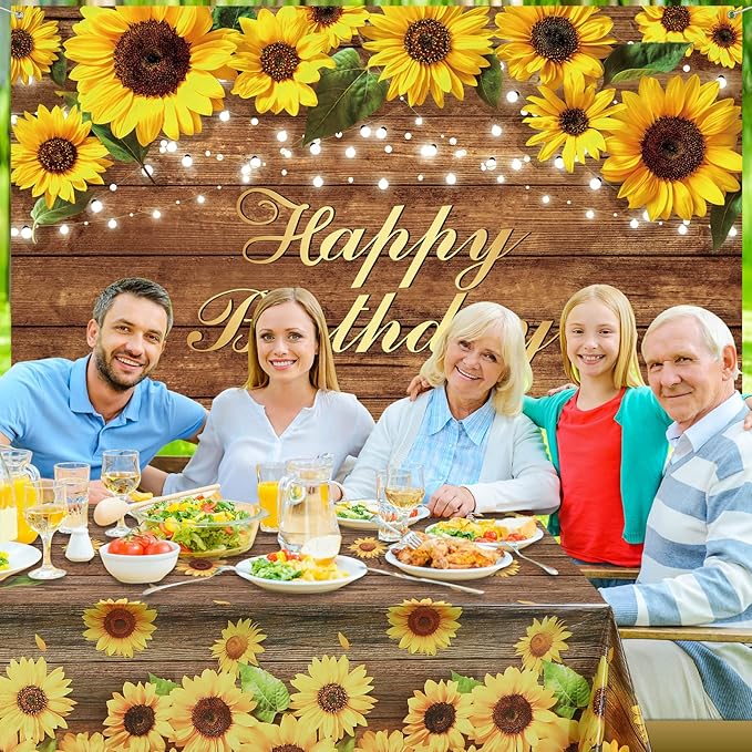 Tiamon 52 Pcs Sunflower Birthday Party Decorations - 50 Gold Yellow Balloons Arch Garlands Kit, 1 Happy Birthday Backdrop Banner, 1 Sunflower Plastic Tablecloths for Wedding Baby Shower Party Supplies