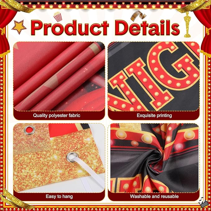 Namalu 3 Pcs Movie Night Door Decorations Red Carpet Runner Porch Sign Movie Star Party Decorations for Home Film Photo Props Theater Birthday Theme Backdrop Party Supplies