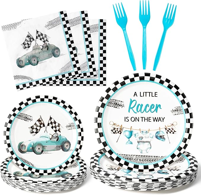 96Pcs Race Car Baby Shower Party Plates Supplies A Little Racer Is On The Way Racing Car Party Tableware Decorations Disposable Paper Plates Napkins Forks for Kids Birthday, Serves 24