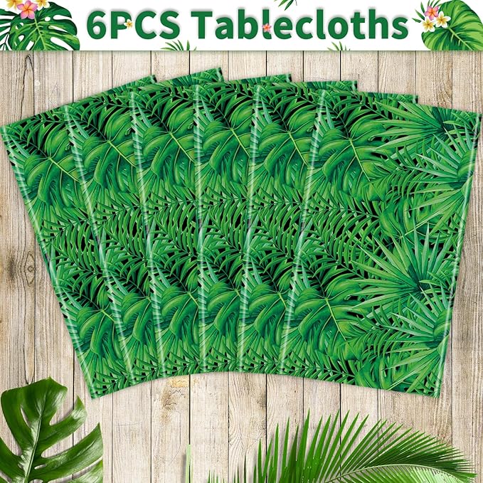 6 Pack Jungle Tablecloths Hawaiian Luau Tropical Palm Leaves Table Cloth Safari Theme Tablecloth Aloha Table Covers Safari Jungle Party Decorations Party Supplies 86 x 51 Inch (6)