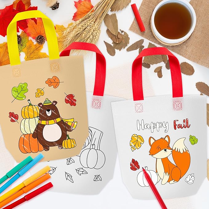 Fall Coloring Goodie Bags for Kids - 24Pcs Autumn Bulk Color Your Own Gift Bags with Handle Thanksgiving Reusable Coloring Bags Non Woven Tote Bag for DIY Crafts Painting Party Favor Supplies