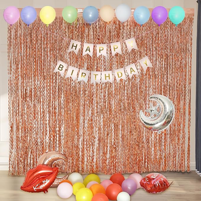 4 Pack Rose Gold Foil Curtain Birthday Decorations - 3.3x6.6ft Wavy Tinsel Foil Backdrop Party Streamer Party Supplies Background | Tinsel Curtain Backdrop for Parties